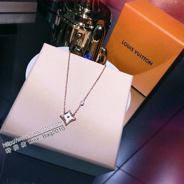 Louis Vuitton新款飾品 路易威登白貝方形撲克花項鏈 LV單花單鑽鎖骨鏈  zglv2112